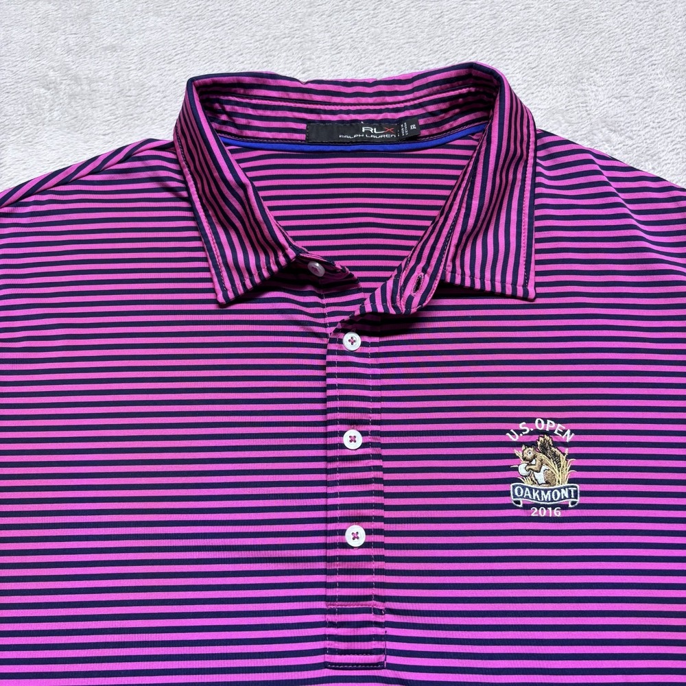 RLX Ralph Lauren Mens XXL 2XL Polo Shirt Pink Striped Performance Golf US OPEN